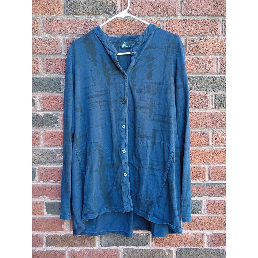 FENINI Blue Knit Tunic Size M Oversized Button Front Lagenlook Art Top Pockets